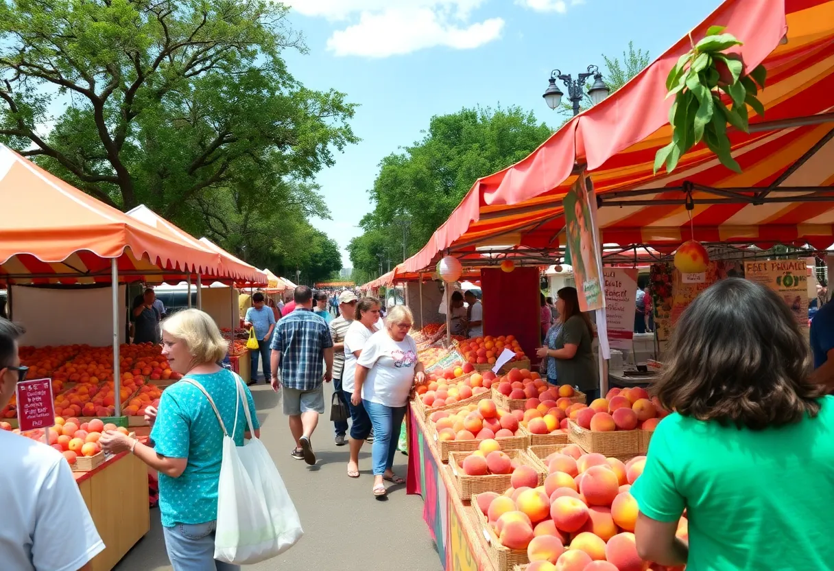 Visitors enjoying the Fredericksburg Peach Fest with peach vendors and stalls.