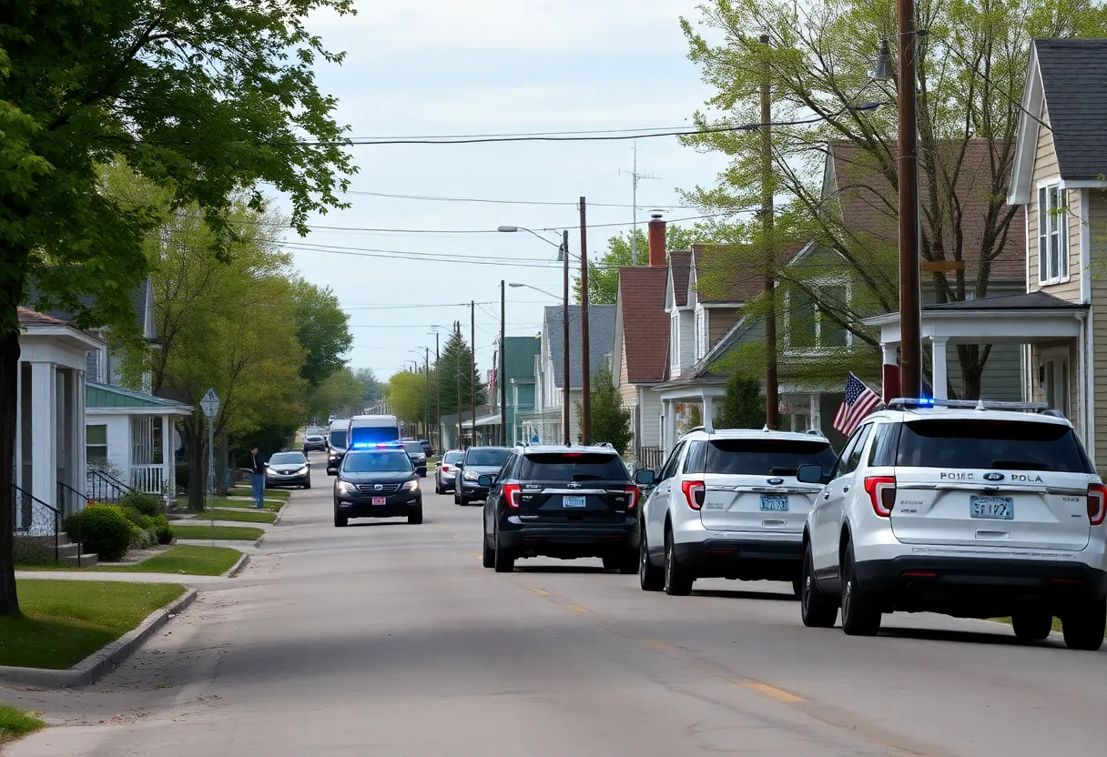 Quiet street in Green Isle, Minnesota with police presence