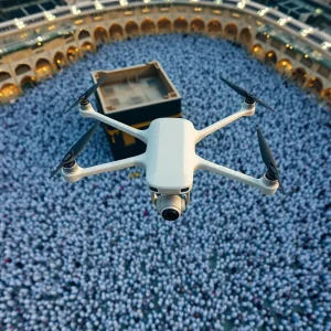 Aerial view of Hajj pilgrims in Mecca with drones monitoring the crowd