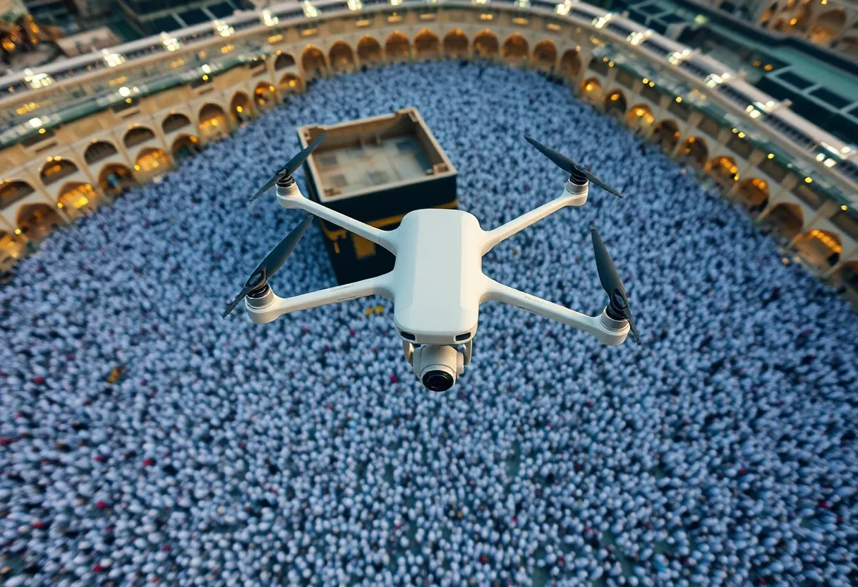 Aerial view of Hajj pilgrims in Mecca with drones monitoring the crowd
