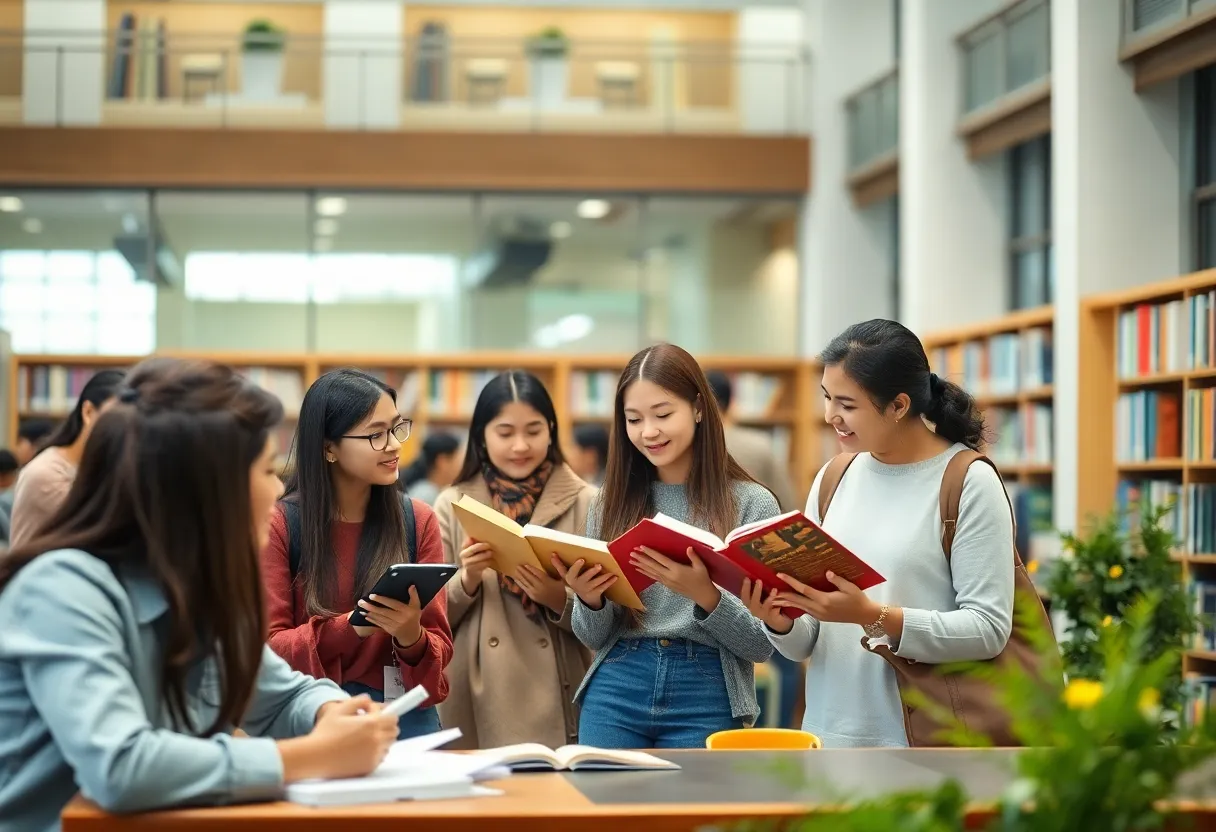 Group of diverse international students studying at a Harvard library