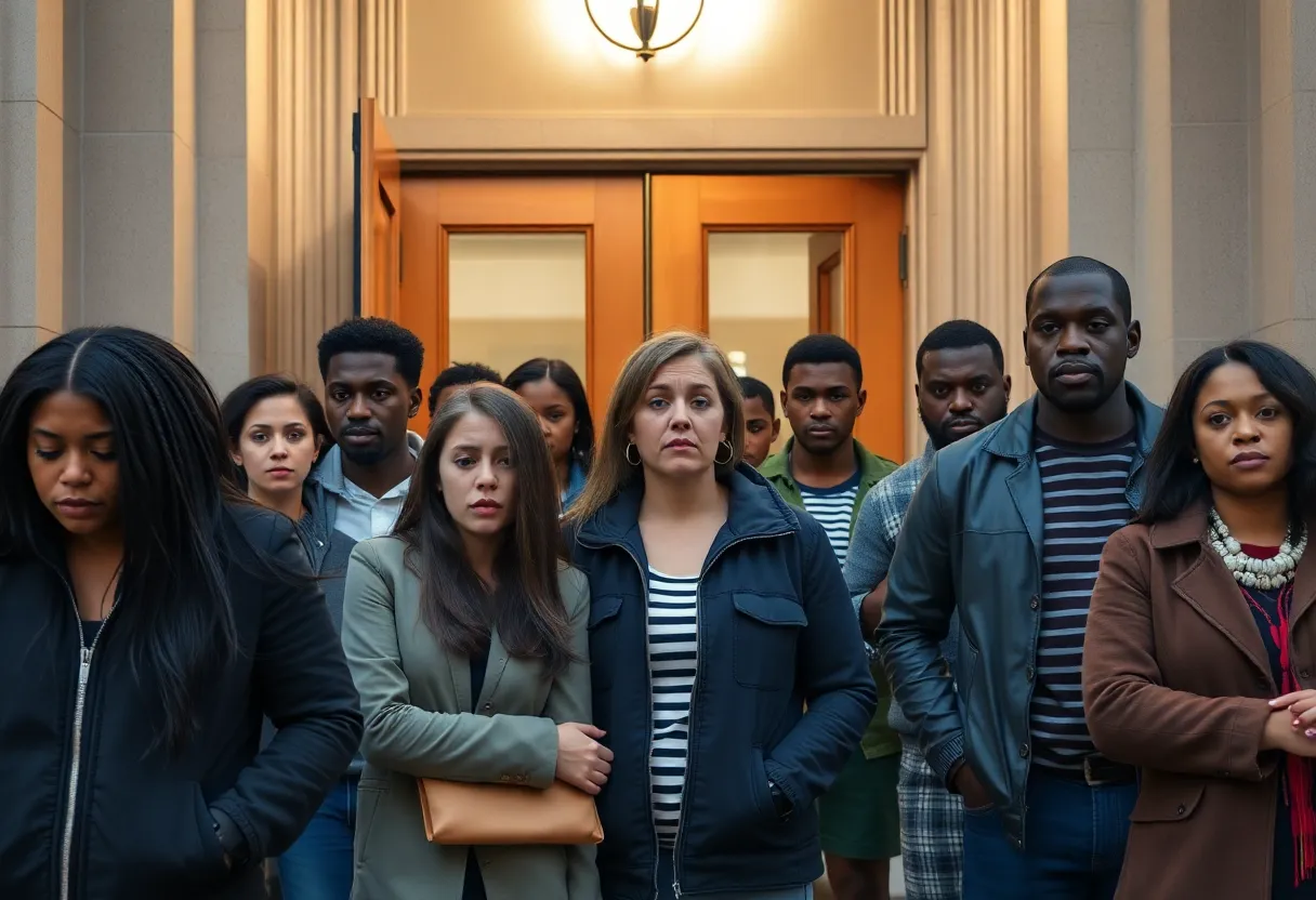 Courtroom exterior with concerned individuals