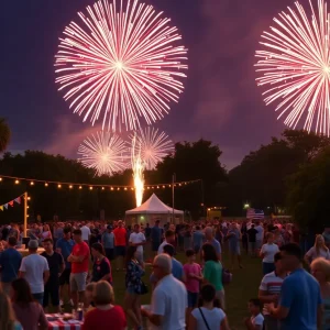 Fireworks display over Woodlawn Lake Park in San Antonio during Independence Day celebrations.
