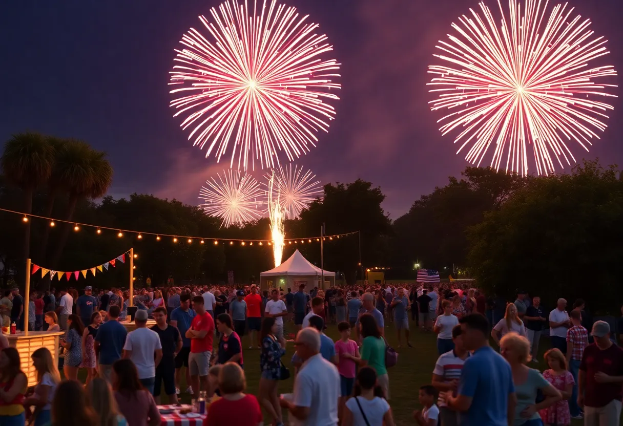 Fireworks display over Woodlawn Lake Park in San Antonio during Independence Day celebrations.