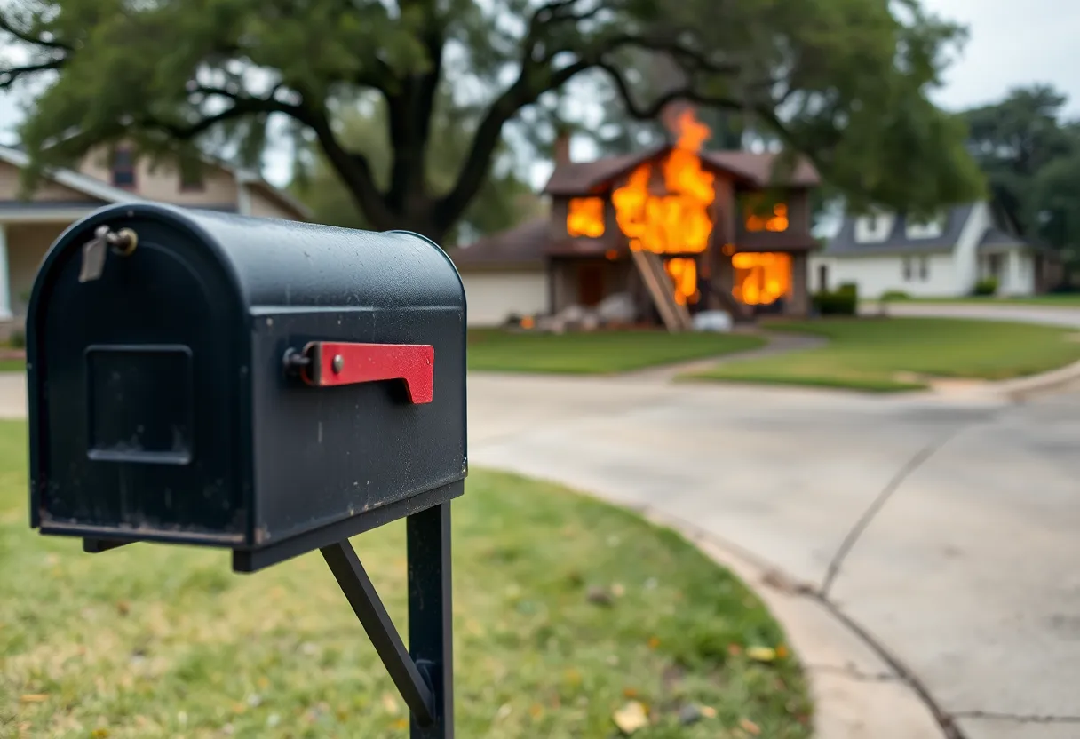 Residential neighborhood in San Antonio where Jonathan Joss was shot, featuring a mailbox and a burnt property in the background.