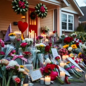 Memorial outside Jonathan Joss's home with flowers and candles