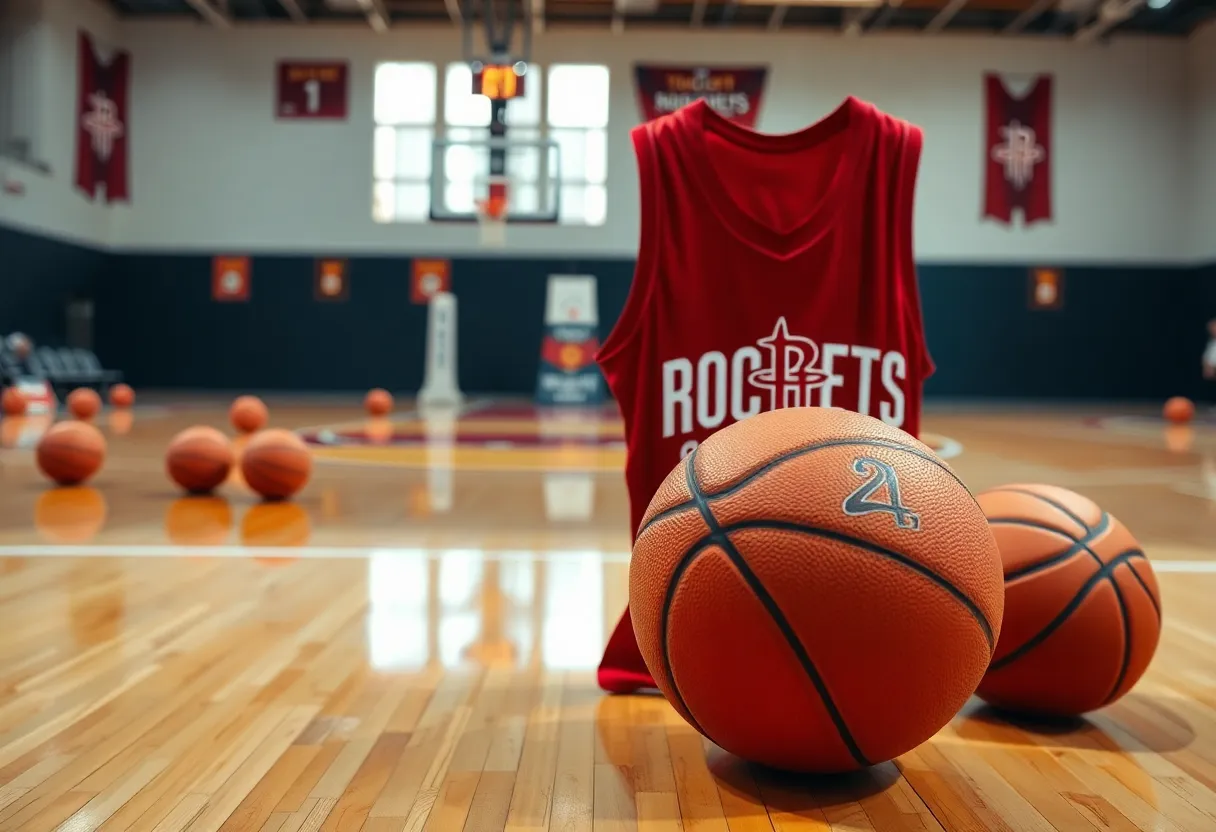 Basketball court with team logos and excitement of a trade announcement