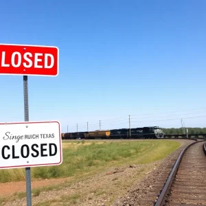 View of derailed rail cars in Kirby, Texas with closed road signs.
