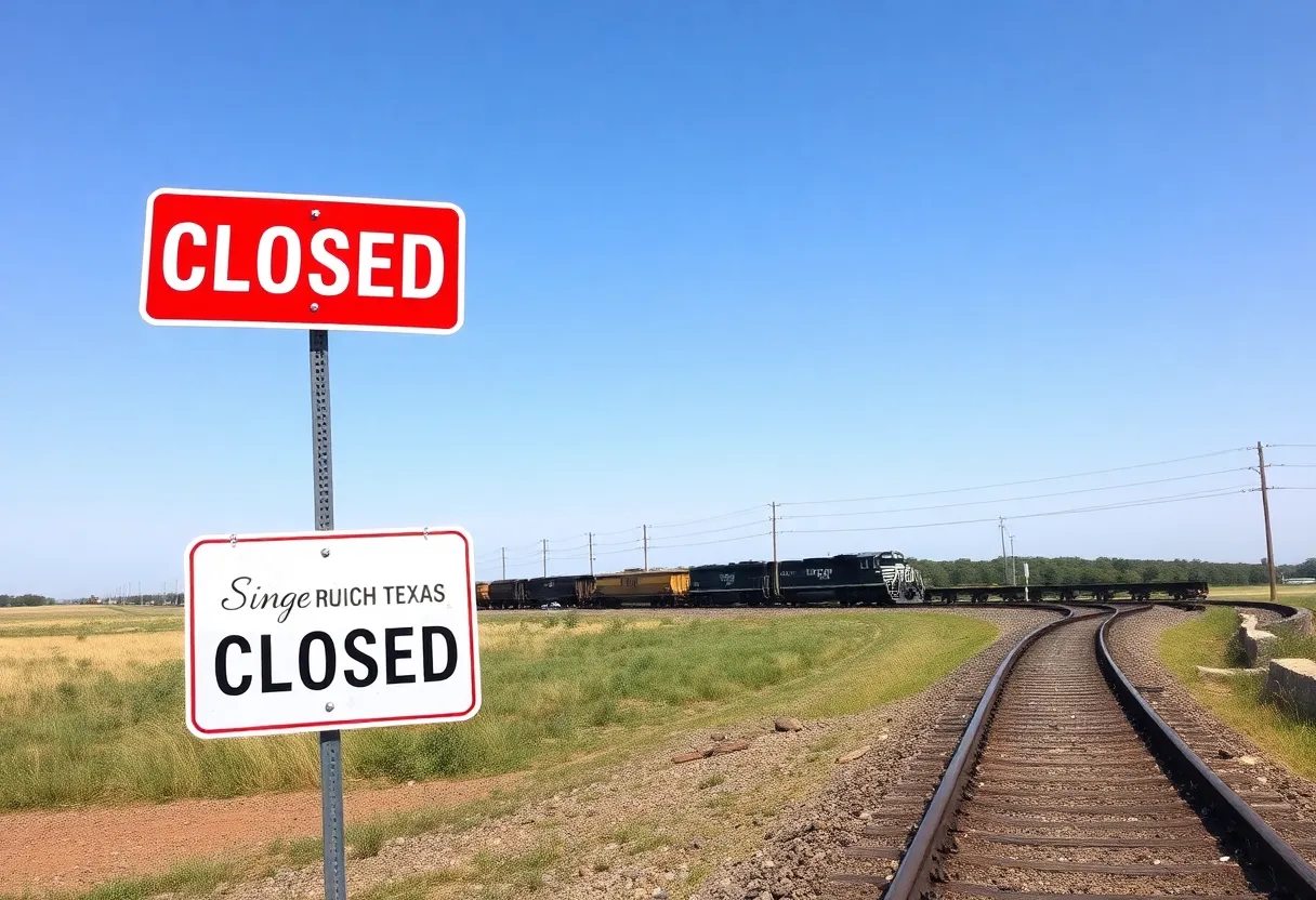 View of derailed rail cars in Kirby, Texas with closed road signs.