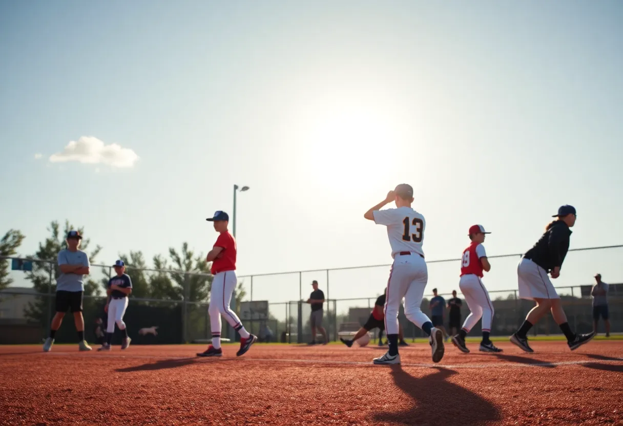 Youth baseball players practicing on a sunny field