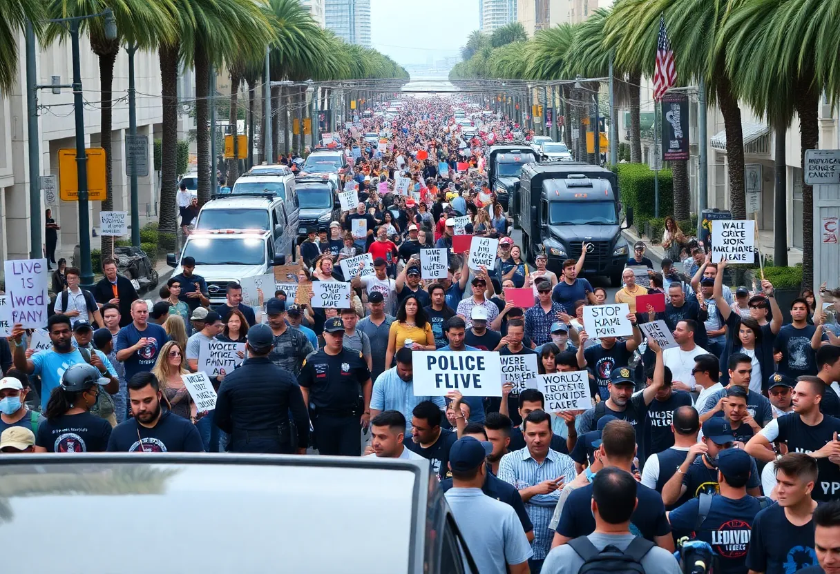 Crowd protesting in Los Angeles with police and military presence.