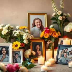 A memorial setting with flowers and candles honoring Chrispin Calvillo.