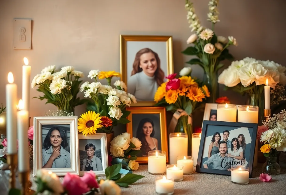 A memorial setting with flowers and candles honoring Chrispin Calvillo.