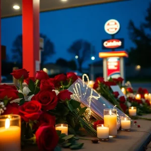 Candlelight memorial honoring a victim of a shooting at a gas station