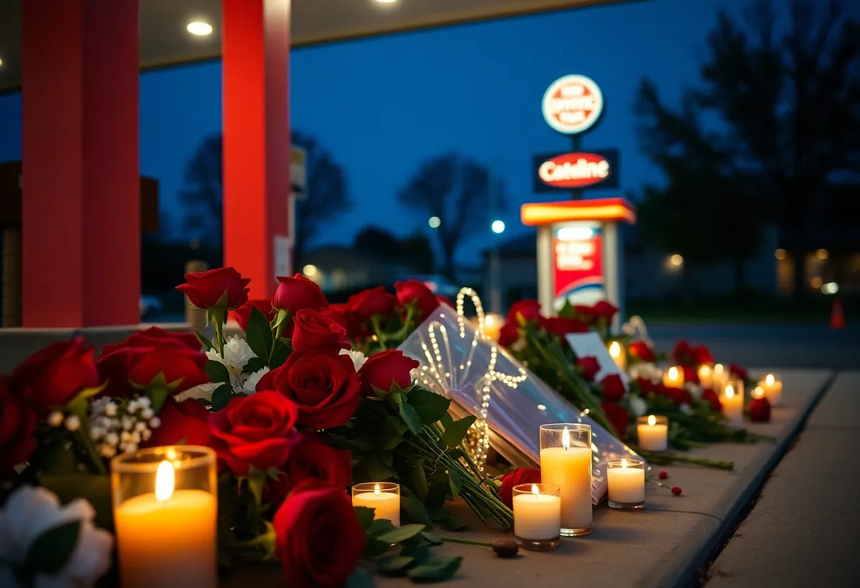 Candlelight memorial honoring a victim of a shooting at a gas station