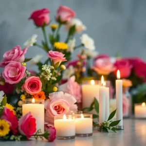 Memorial setup with flowers and candles for Julie Ann Martinez