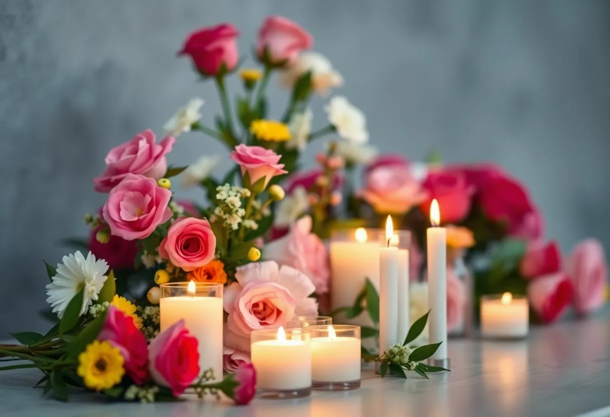 Memorial setup with flowers and candles for Julie Ann Martinez