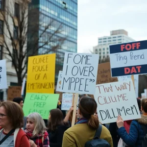 Peaceful protest in San Antonio calling against government policies with diverse individuals.