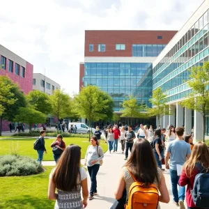 Students studying on a university campus in San Antonio.