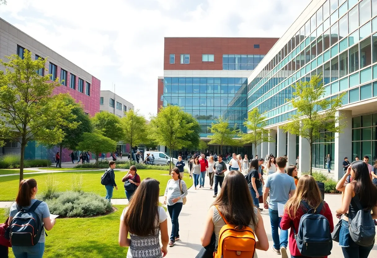Students studying on a university campus in San Antonio.