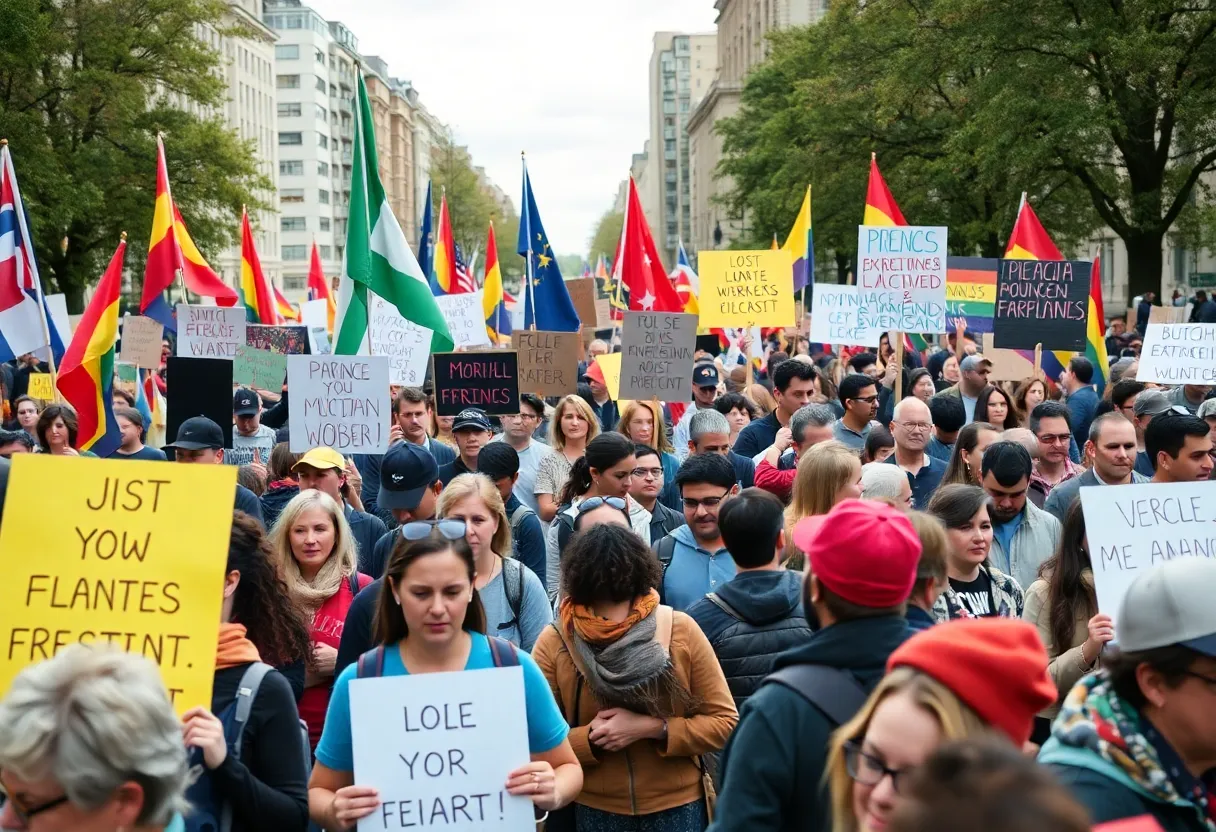 Crowd of diverse protesters at No Kings Day event