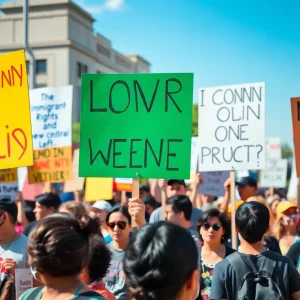 Crowd gathered at No Kings San Antonio protest advocating for immigrant rights