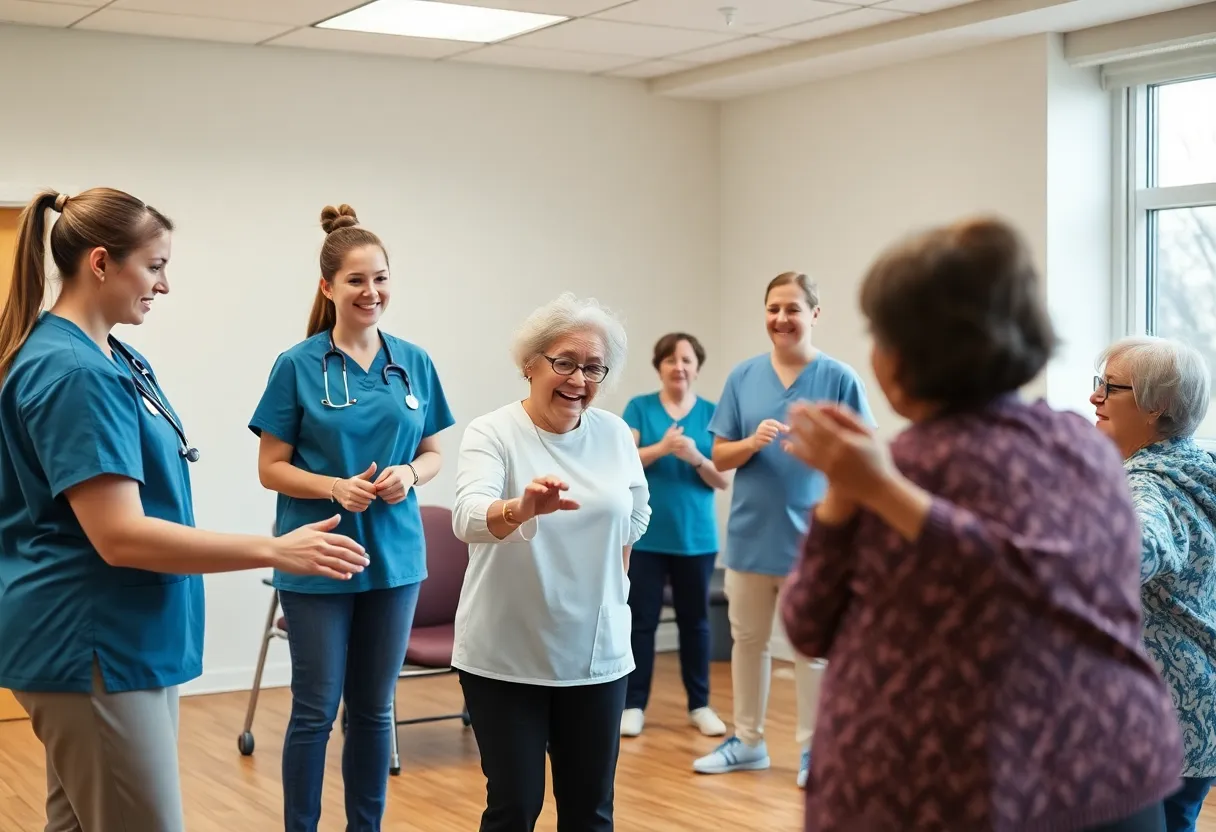 Nursing students conducting activities with senior participants at a community center