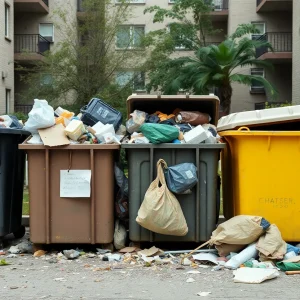 Overflowing dumpsters at Grand Apartment Homes filled with trash