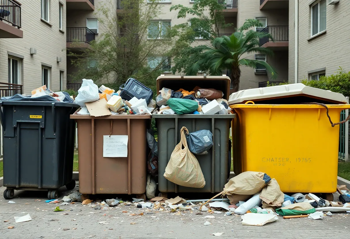 Overflowing dumpsters at Grand Apartment Homes filled with trash