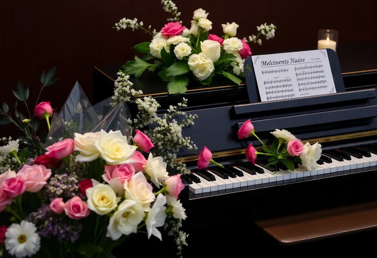 A tranquil scene with flowers and musical instruments at a memorial service