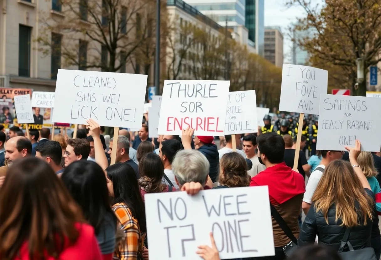 Crowd of diverse protesters demonstrating peacefully in an urban environment