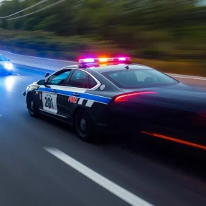 Police vehicle in pursuit of a suspect's car on the highway