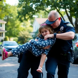 Police officer rescuing a minor in a neighborhood setting
