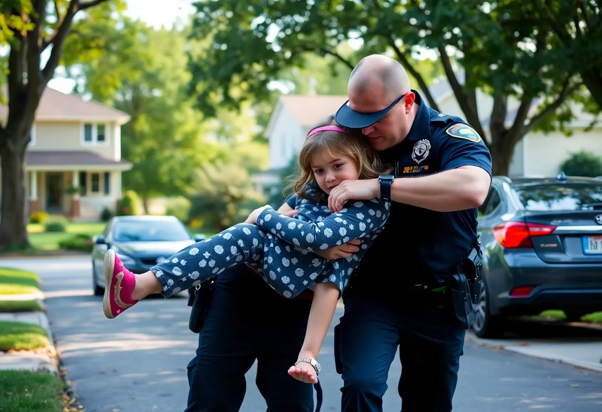 Police officer rescuing a minor in a neighborhood setting