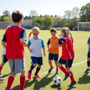 Students participating in a soccer practice demonstrating teamwork.
