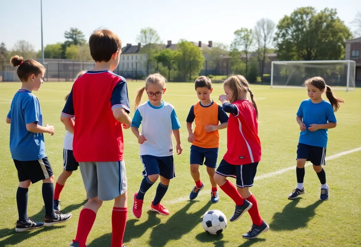 Students participating in a soccer practice demonstrating teamwork.