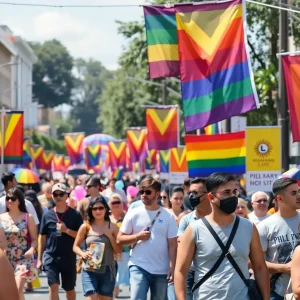 A bustling street celebration in the Pride Cultural Heritage District of San Antonio, showcasing rainbow banners and diverse participants.