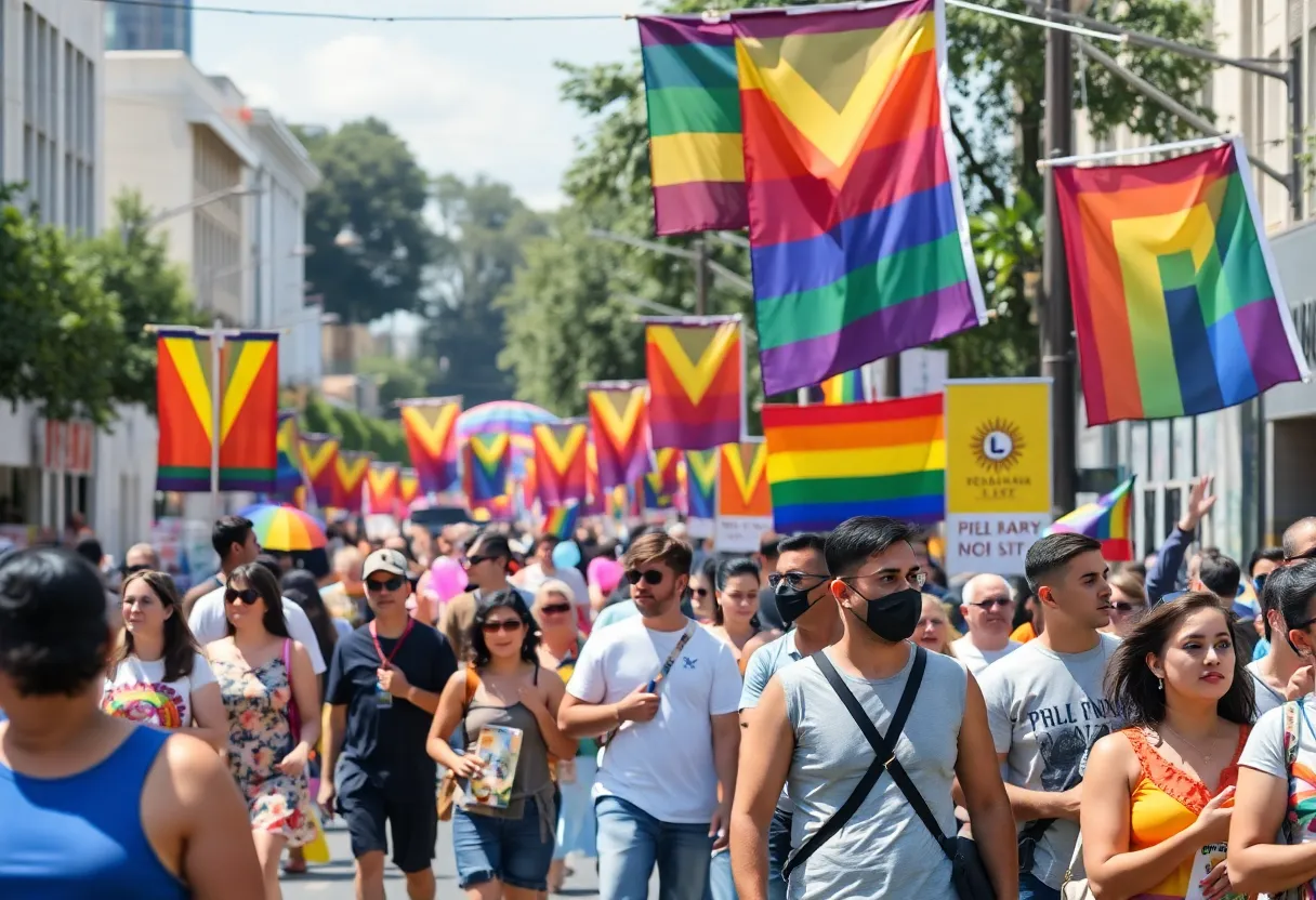 A bustling street celebration in the Pride Cultural Heritage District of San Antonio, showcasing rainbow banners and diverse participants.