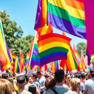 Inclusive celebration of Pride Month with rainbow flags and diverse individuals showing solidarity.