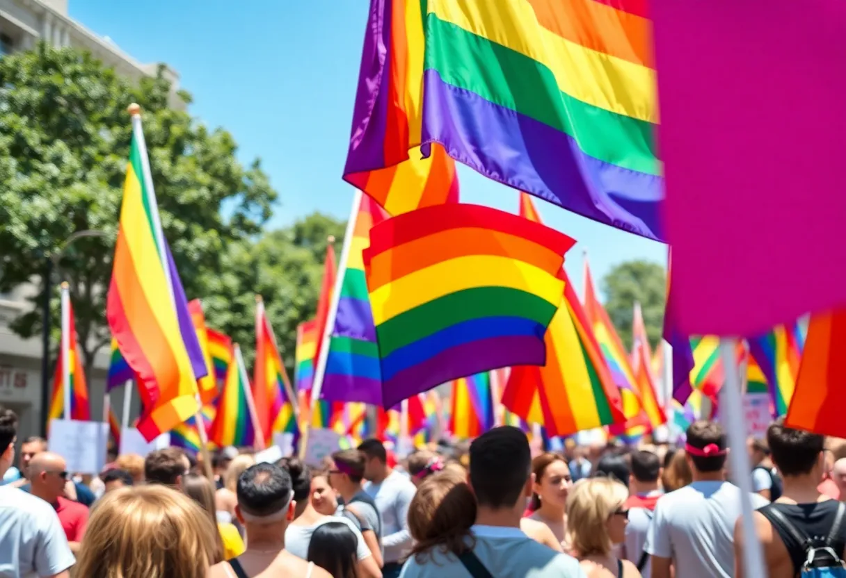 Inclusive celebration of Pride Month with rainbow flags and diverse individuals showing solidarity.