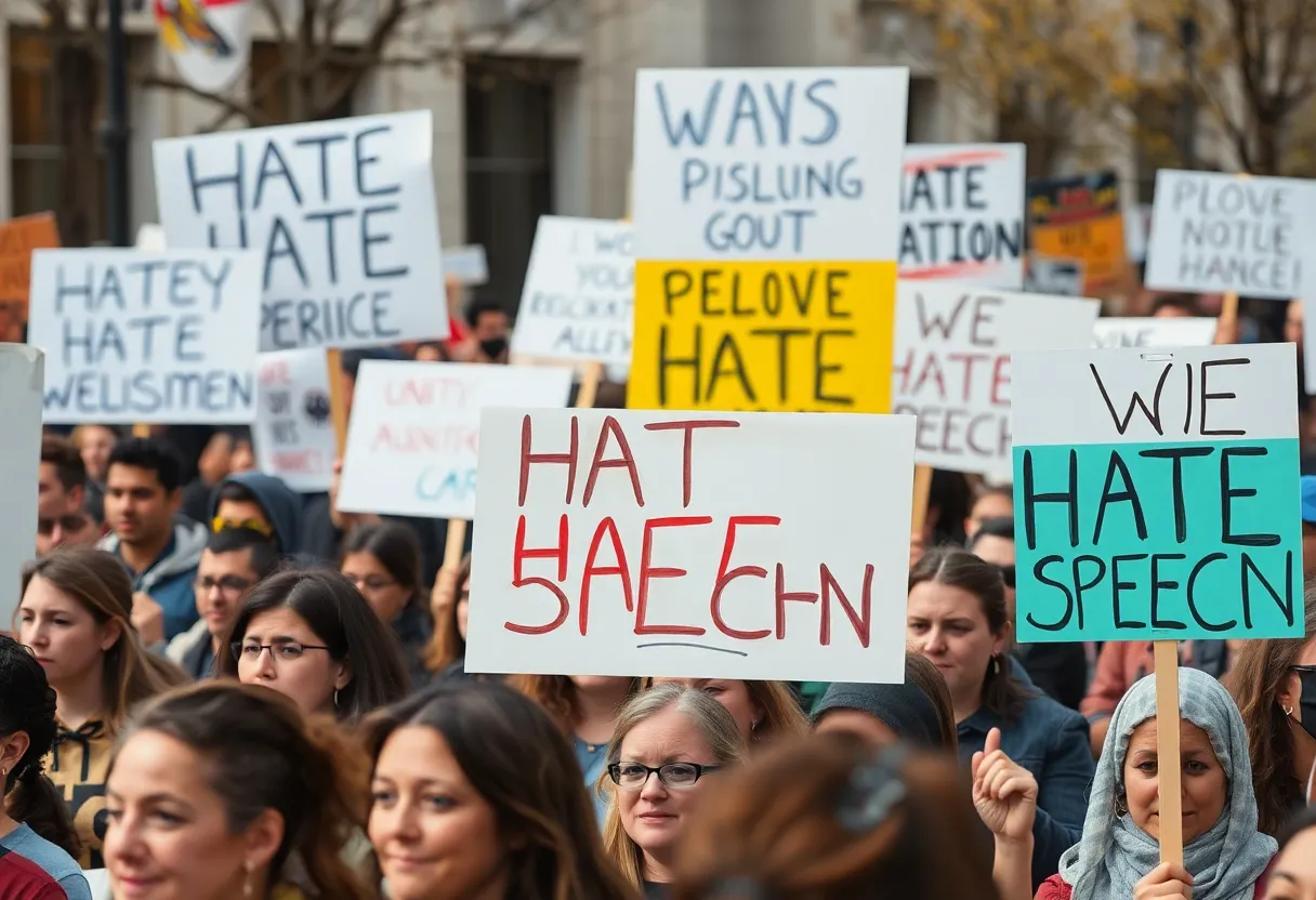 Diverse crowd protesting against hate speech and advocating for unity.