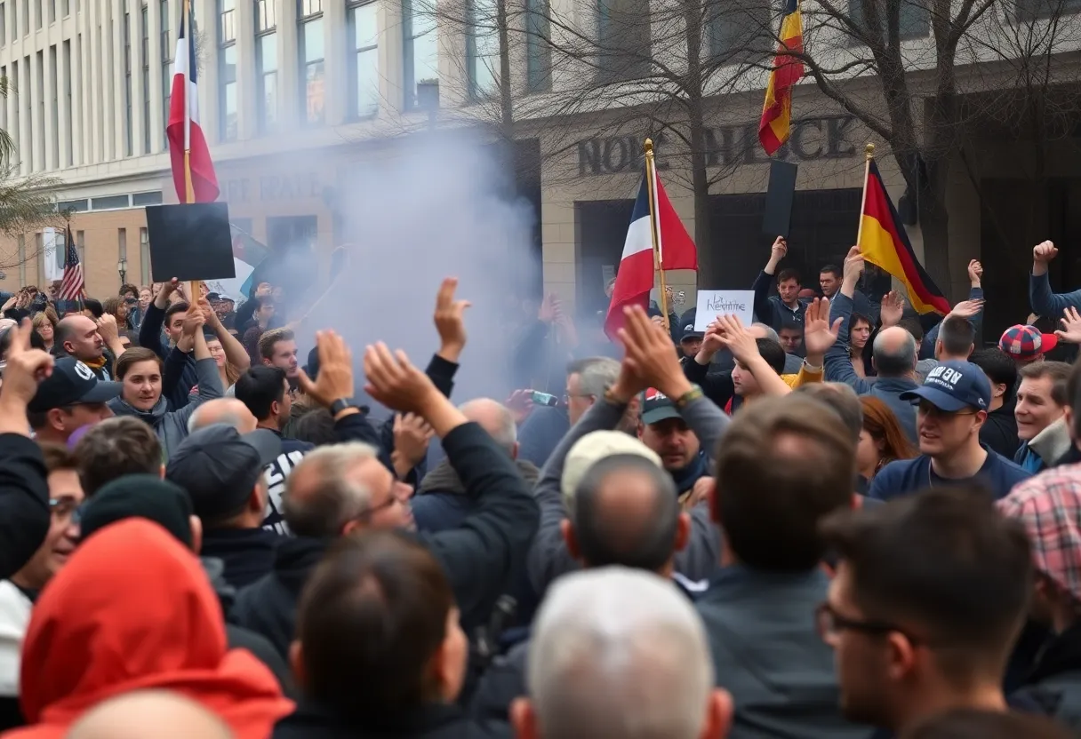 A chaotic scene from a public demonstration opposing hate crimes