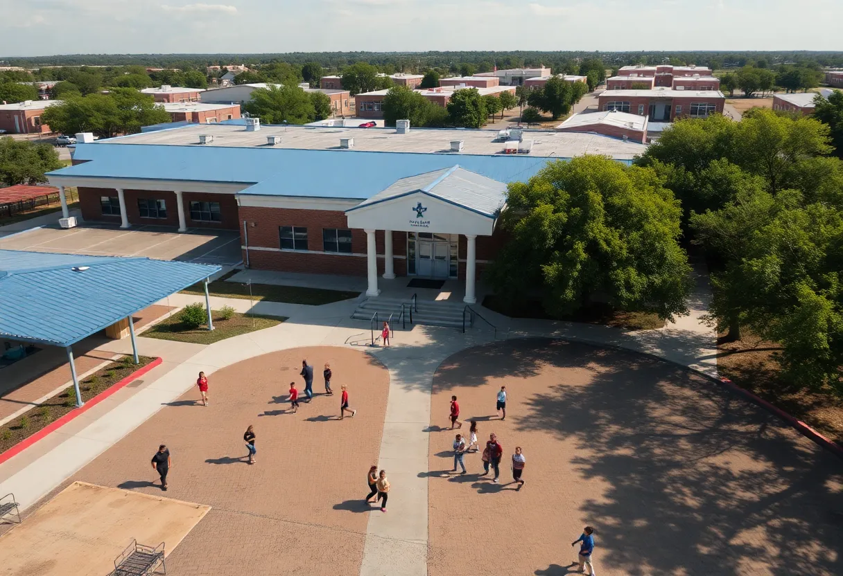 Aerial view of a San Antonio school with students in the playground, symbolizing education funding.