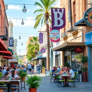 Colorful outdoor dining scene in San Antonio with local businesses