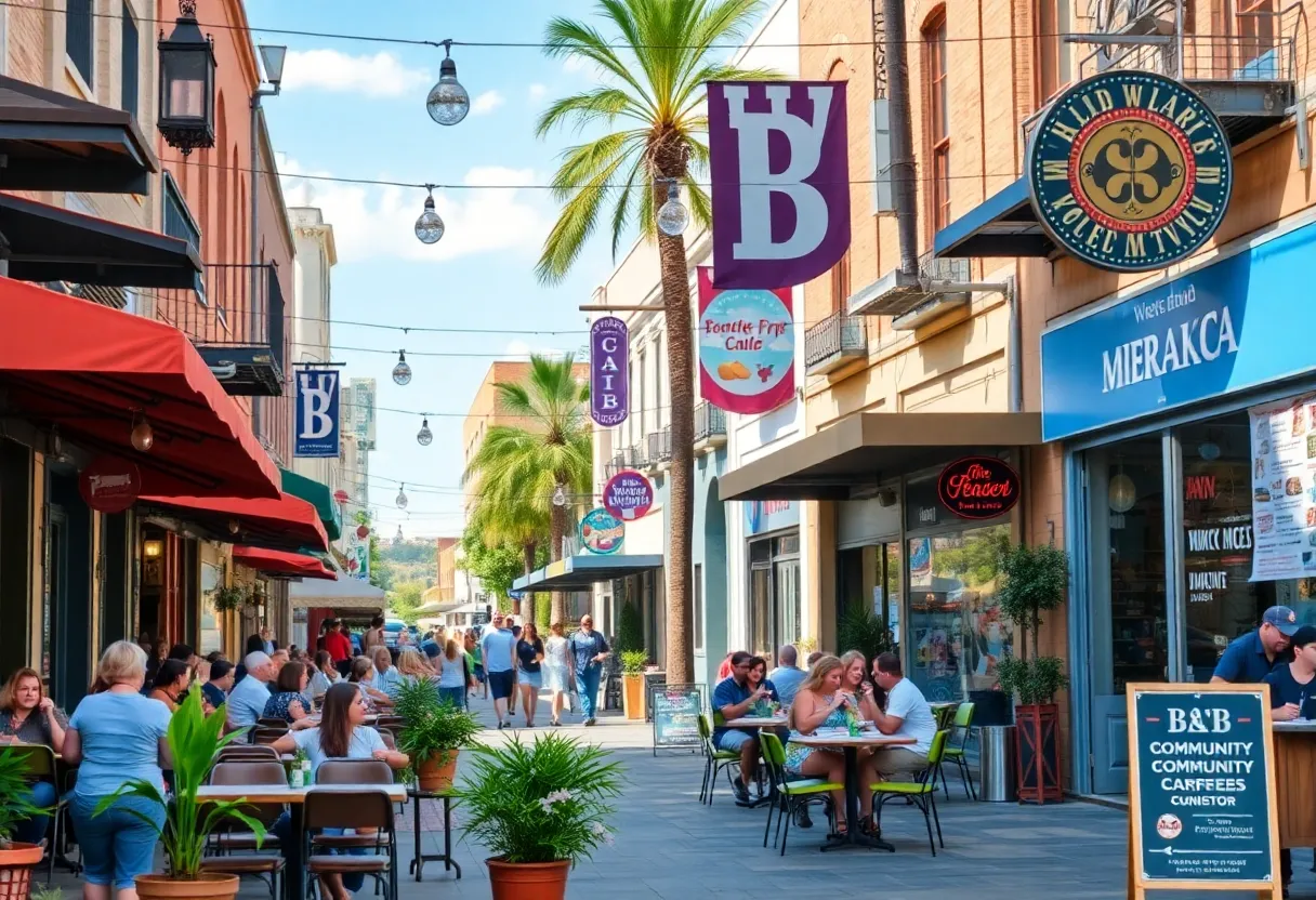 Colorful outdoor dining scene in San Antonio with local businesses