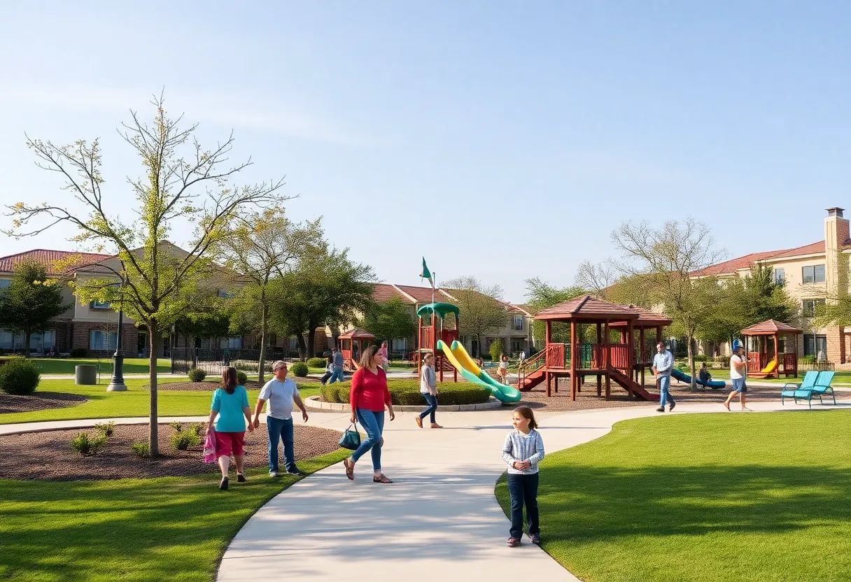 A community park in District 8, San Antonio, with families enjoying nature.