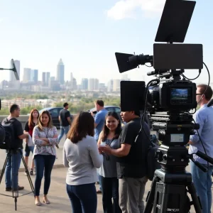 Filmmaking in San Antonio with city skyline