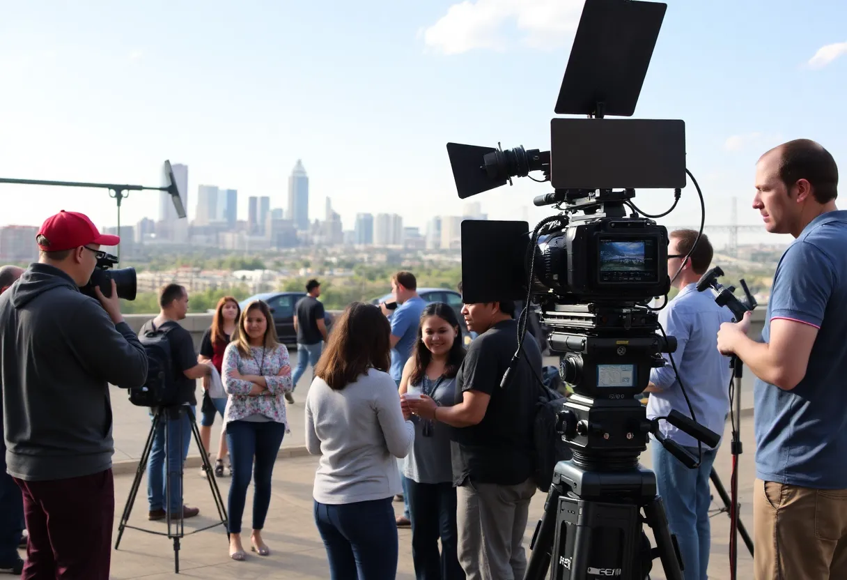 Filmmaking in San Antonio with city skyline