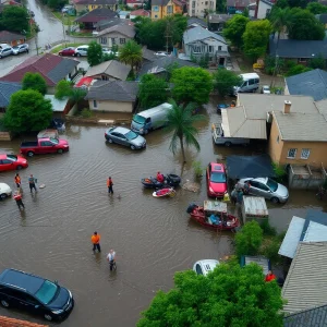 Flooded streets in San Antonio with emergency responders