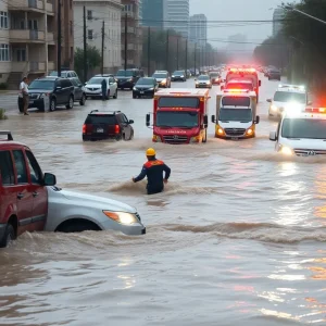 Emergency responders conducting rescues during severe flooding in San Antonio